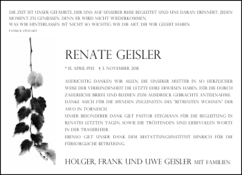 Traueranzeige von Renate Geisler von Elmshorner Nachrichten