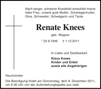 Traueranzeige von Renate Knees von Holsteinischer Courier