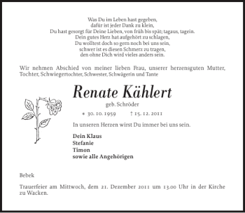 Traueranzeige von Renate Kählert von Norddeutsche Rundschau