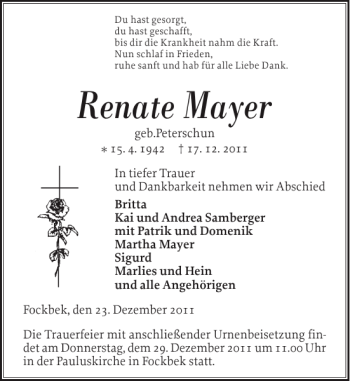 Traueranzeige von Renate Mayer von Landeszeitung