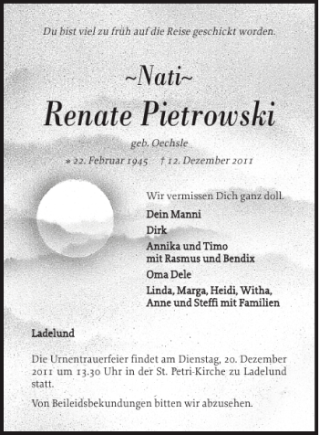 Traueranzeige von Renate Pietrowski von Nordfriesland Tageblatt