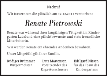 Traueranzeige von Renate Pietrowski von Nordfriesland Tageblatt