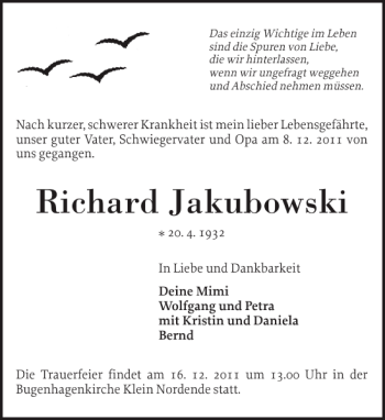 Traueranzeige von Richard Jakubowski von Elmshorner Nachrichten