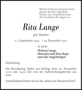 Traueranzeige von Rita Lange von Flensburger Tageblatt