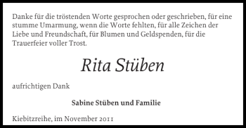 Traueranzeige von Rita Stüben von Elmshorner Nachrichten