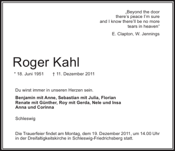 Traueranzeige von Roger Kahl von Schleswiger Nachrichten