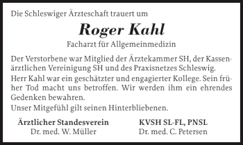 Traueranzeige von Roger Kahl von Schleswiger Nachrichten