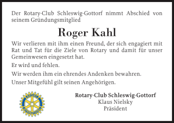 Traueranzeige von Roger Kahl von Schleswiger Nachrichten