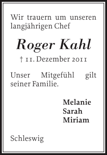 Traueranzeige von Roger Kahl von Schleswiger Nachrichten