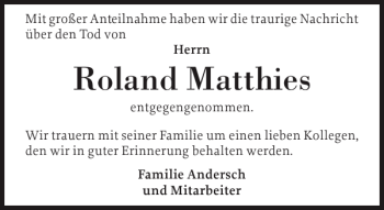 Traueranzeige von Roland Matthies von Eckernförder Zeitung