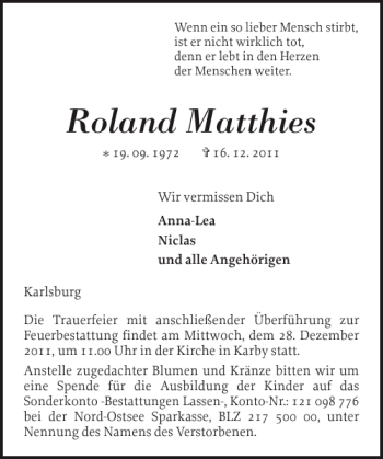 Traueranzeige von Roland Matthies von Schlei-Bote