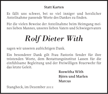 Traueranzeige von Rolf Dieter With von Flensburger Tageblatt