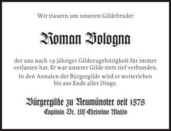 Traueranzeige von Roman Bologna von Holsteinischer Courier