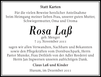 Traueranzeige von Rosa Laß von Husumer Nachrichten