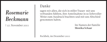 Traueranzeige von Rosemarie Beckmann von Landeszeitung