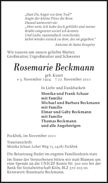 Traueranzeige von Rosemarie Beckmann von Landeszeitung