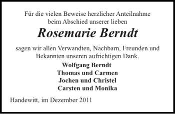 Traueranzeige von Rosemarie Berndt von Flensburger Tageblatt