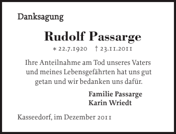 Traueranzeige von Rudolf Passarge von Ostholsteiner Anzeiger