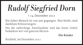 Traueranzeige von Rudolf Siegfried Dorn von Landeszeitung