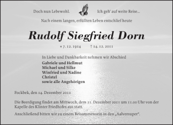 Traueranzeige von Rudolf Siegfried Dorn von Landeszeitung