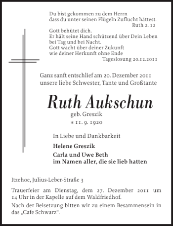Traueranzeige von Ruth Aukschun von Norddeutsche Rundschau