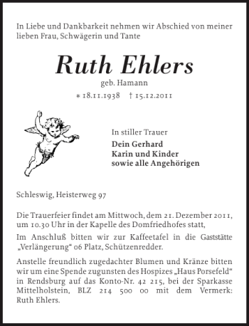 Traueranzeige von Ruth Ehlers von Schleswiger Nachrichten
