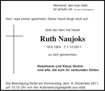 Traueranzeige von Ruth Naujoks von Holsteinischer Courier