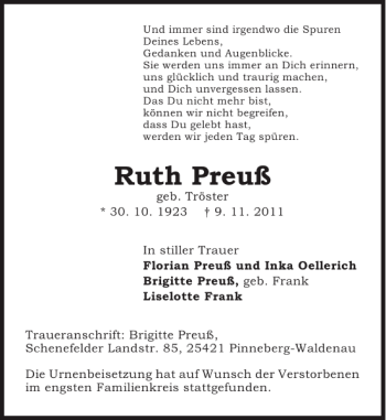 Traueranzeige von Ruth Preuß von Pinneberger Tageblatt