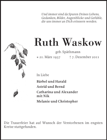 Traueranzeige von Ruth Waskow von Elmshorner Nachrichten