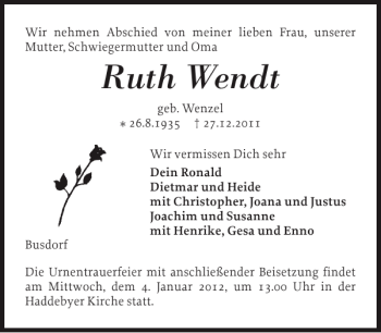 Traueranzeige von Ruth Wendt von Schleswiger Nachrichten