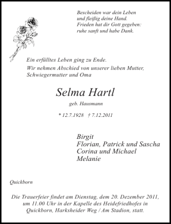 Traueranzeige von Selma Hartl von Pinneberger Tageblatt