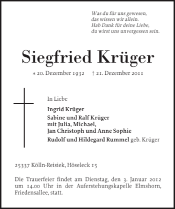 Traueranzeige von Siegfried Krüger von Elmshorner Nachrichten