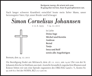 Traueranzeige von Simon Cornelisus Johannsen von Der Insel-Bote