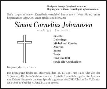 Traueranzeige von Simon Cornelius Johannsen von Der Insel-Bote