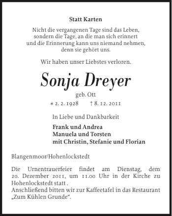 Traueranzeige von Sonja Dreyer von Norddeutsche Rundschau
