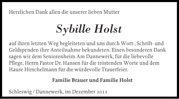 Traueranzeige von Sybille Holst von Schleswiger Nachrichten