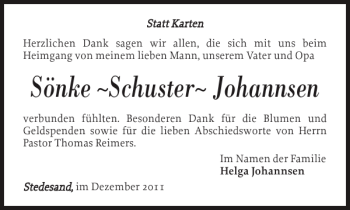 Traueranzeige von Sönke Schuster Johannsen von Husumer Nachrichten