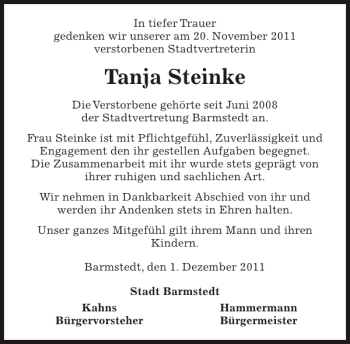 Traueranzeige von Tanja Steinke von Pinneberger Tageblatt