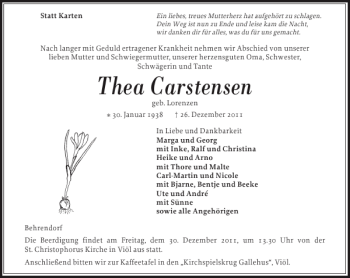Traueranzeige von Thea Carstensen von Husumer Nachrichten
