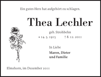 Traueranzeige von Thea Lechler von Elmshorner Nachrichten
