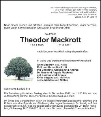Traueranzeige von Theodor Mackrott von Schleswiger Nachrichten
