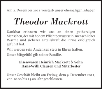 Traueranzeige von Theodor Mackrott von Schleswiger Nachrichten