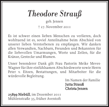Traueranzeige von Theodore Strauß von Nordfriesland Tageblatt