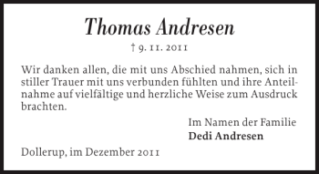 Traueranzeige von Thomas Andresen von Flensburger Tageblatt