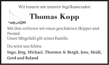 Traueranzeige von Thomas Kopp von Ostholsteiner Anzeiger