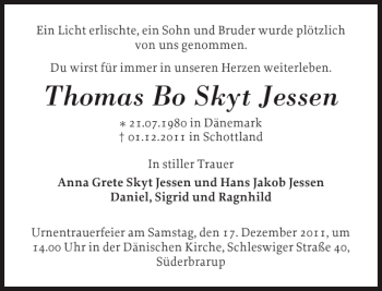 Traueranzeige von Thomas Bo Skyt Jessen von Schleswiger Nachrichten