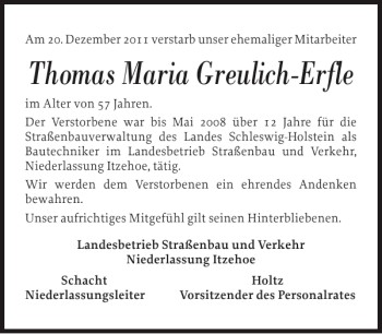 Traueranzeige von Thomas Maria Greulich-Erfle von Norddeutsche Rundschau