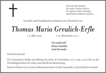 Traueranzeige von Thomas Maria Greulich-Erfle von Norddeutsche Rundschau