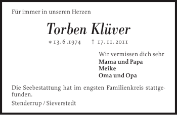 Traueranzeige von Torben Klüver von Flensburger Tageblatt