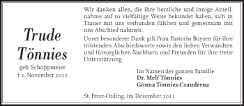 Traueranzeige von Trude Tönnies von Husumer Nachrichten